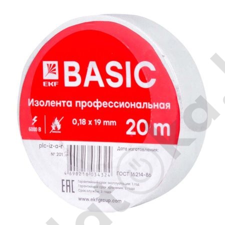 картинка Изолента класс А (0,18х19мм) (20м.) белая EKF Basic от магазина
